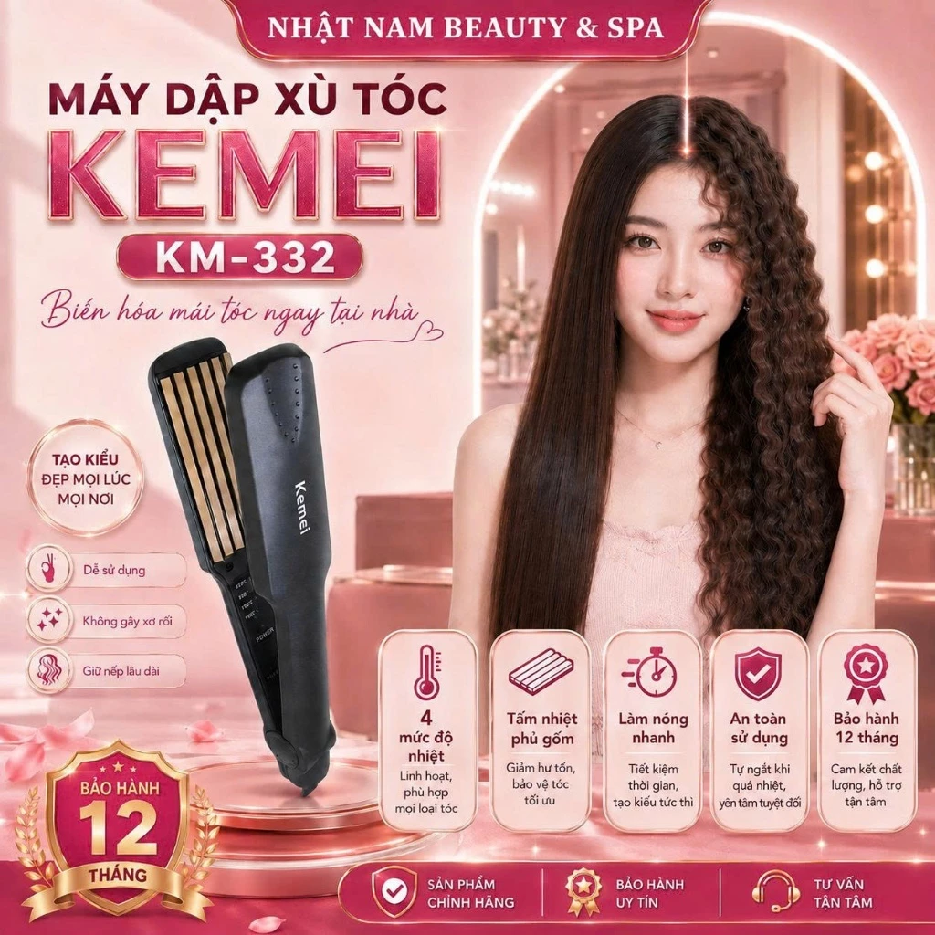 Máy Dập Xù Tóc KEMEI KM-332, Máy Dập Phồng Tóc Có 4 Mức Độ Nhiệt, Làm Nóng Cực Nhanh, Ion Âm Giúp Tạo Phồng Tóc Tự Nhiên