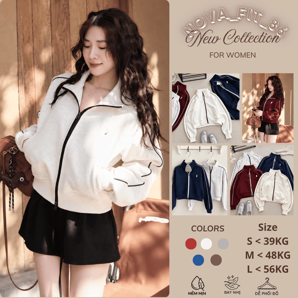 Áo Khoác Nỉ Nữ Thêu Ngựa Cổ Cao Khóa Kéo Unisex Phối Viền Sọc