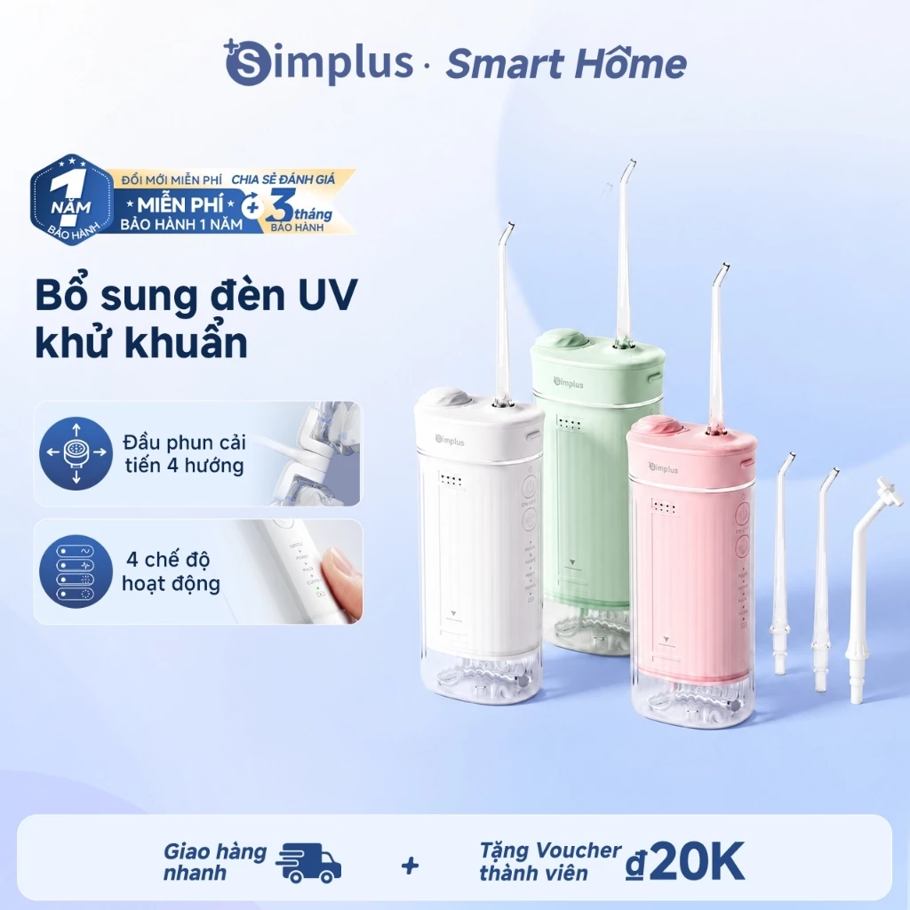 Máy tăm nước cầm tay Simplus tích hợp đèn UV khử khuẩn, bình nước dung tích lớn, 4 đầu phun chuyên dụng CYQH004