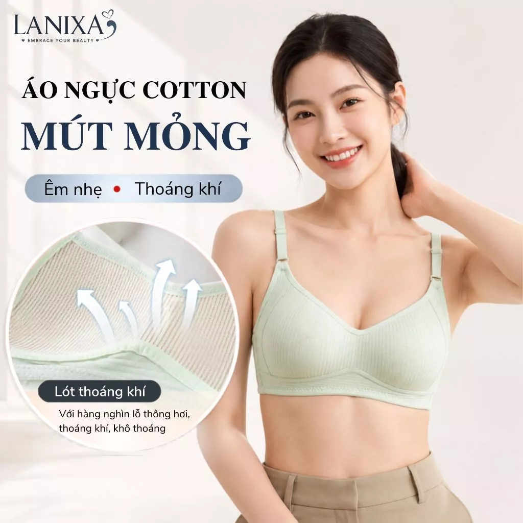 Áo ngực nữ không gọng đêm mút mỏng ôm ngực mềm mại chất cotton co dãn thấm hút mồ hôi LANIXA A414