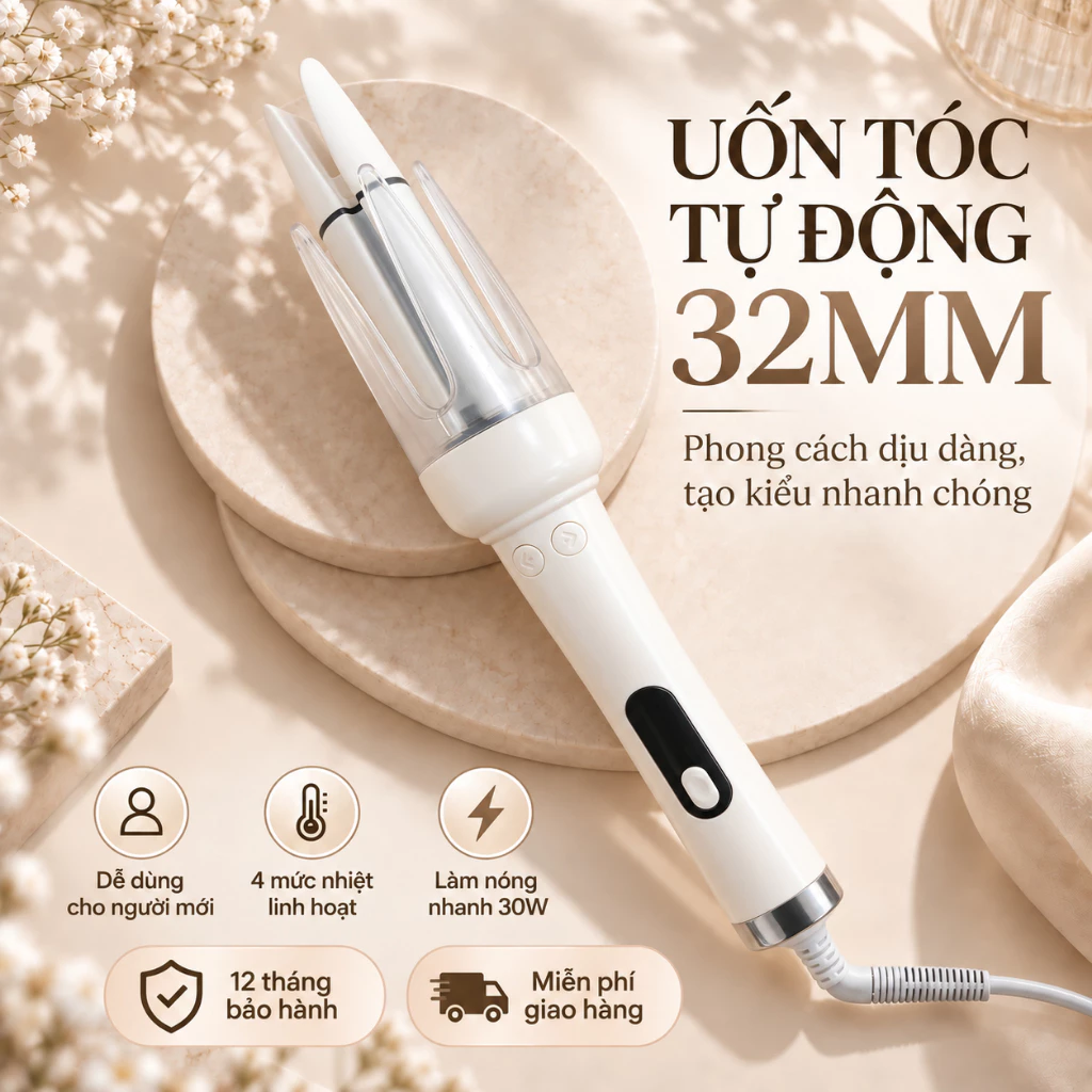 Máy Uốn Tóc 32mm Tự Động Xoay, Máy Uốn Xoăn Tóc Ceramic 30W Điều Chỉnh 160-220℃, Tạo Sóng Tự Nhiên Cho Nữ