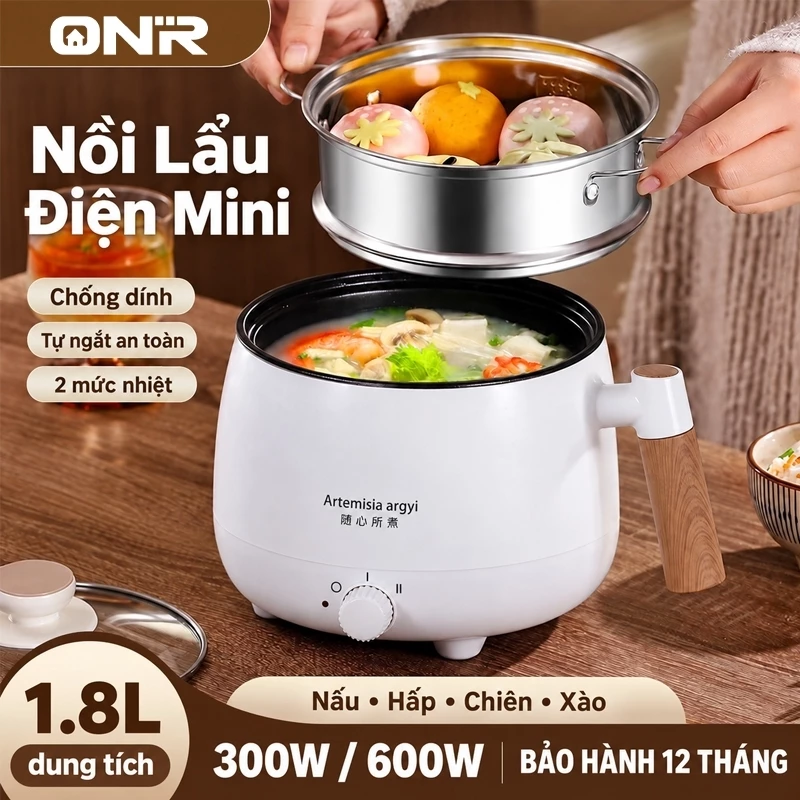 Nồi Điện Đa Năng 1.8L, Nồi Lẩu Mini Kèm Xửng Hấp Inox, 600W, Chiên Xào Hấp Nấu Tiện Lợi