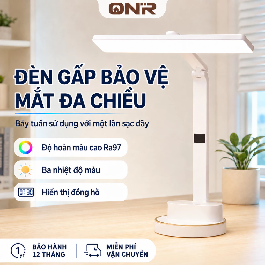 ONR Đèn Bàn Học LED Pin 6800mAh, 3 Màu Sáng, Chống Chói, Lọc Ánh Sáng Xanh, Đồng Hồ