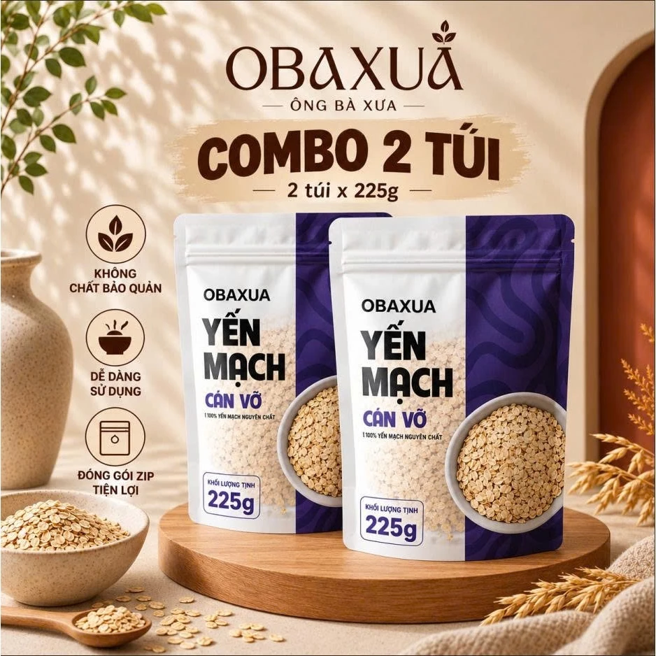COMBO 2 TÚI OBAXUA YẾN MẠCH CÁN VỠ 225Gr