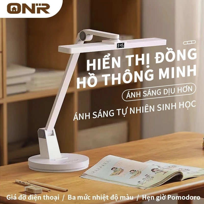 ONR-Đèn Bàn Học LED Bảo Vệ Mắt, Chống Ánh Sáng Xanh, Điều Chỉnh Độ Sáng, Đồng Hồ Hẹn Giờ