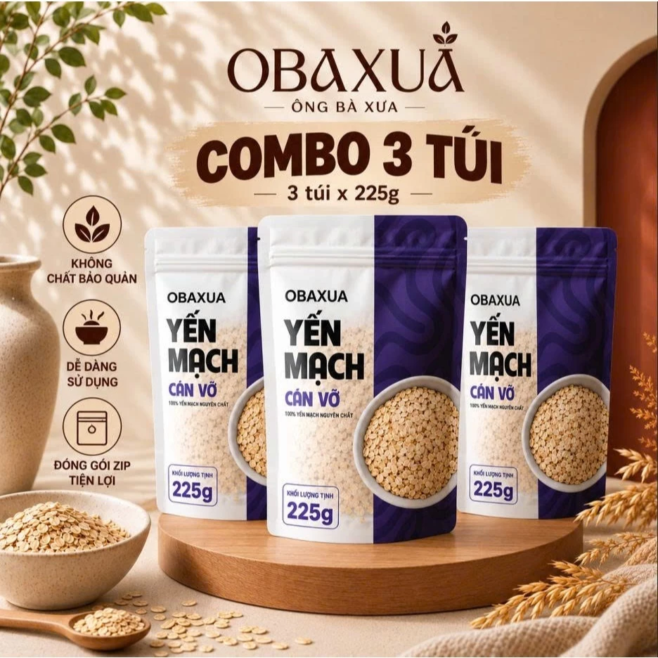 COMBO 3 TÚI OBAXUA YẾN MẠCH CÁN VỠ 225 Gr