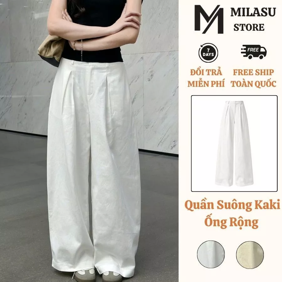 Quần Suông KaKi Nữ Ống Rộng Lưng Chun Milasu Quần Ống Xếp Ly Cạp Cao Basic 569