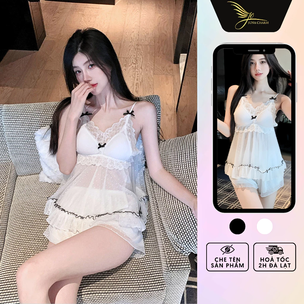 Bộ Ngủ 2 Dây Quần Đùi, Đồ Mặc Nhà Sexy JUNA Freesize Thời Trang Đồ Ngủ Dành Cho Nữ Chất Voan Tơ Co Giãn, Màu Trắng/SP824