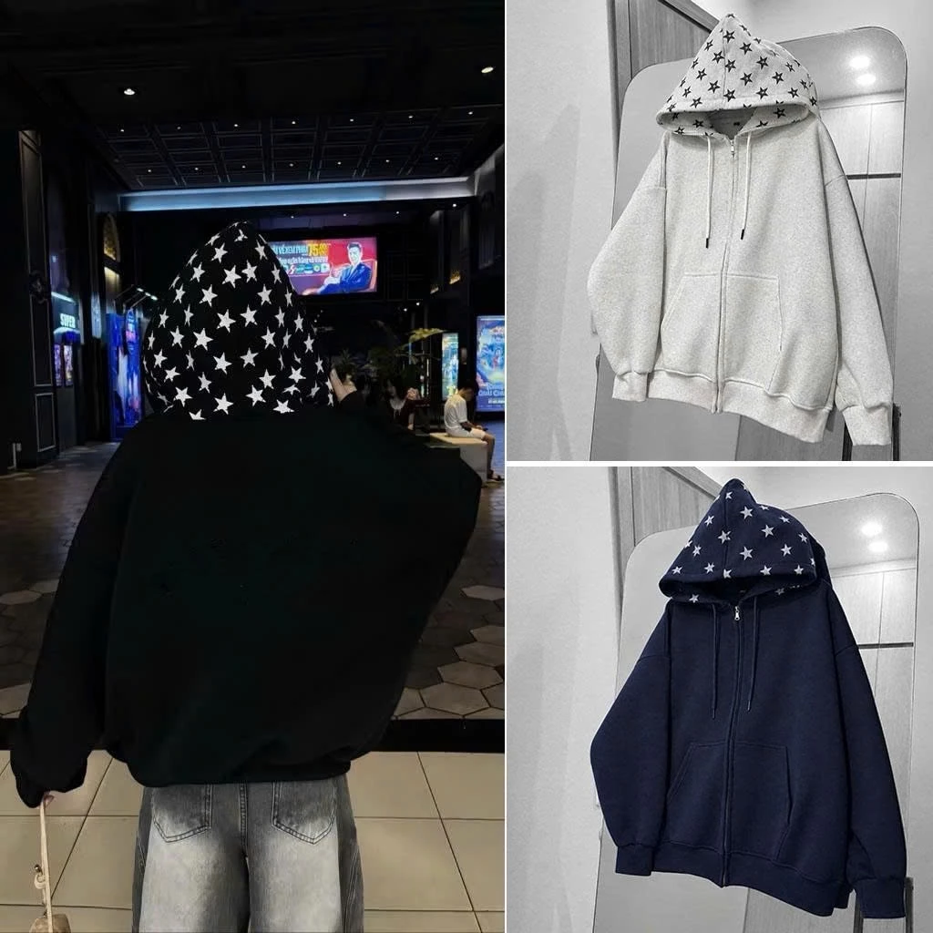 Áo Khoác Nỉ HoodieZip Khóa Kéo Mũ Áo Phối Ngôi Sao Form Rộng Nam Nữ Có Túi Trong Chất Nỉ Bông Dày