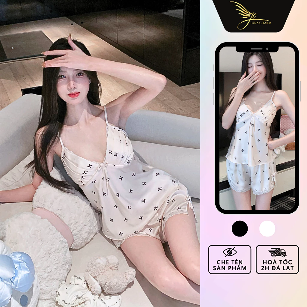 Bộ Ngủ 2 Dây Quần Đùi, Đồ Mặc Nhà Họa Tiết JUNA Freesize Thời Trang Đồ Ngủ Dành Cho Nữ Chất Vải Lụa Phối Viền Ren/SP6418