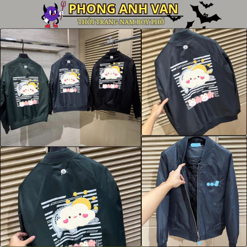 Áo Khoác Gío Nam Chần Bông Thêu LoGo Cá Xấu Cực Nét - Áo Khoác Bomber Nam Nữ Họa Tiết Lưng Siêu Đẹp