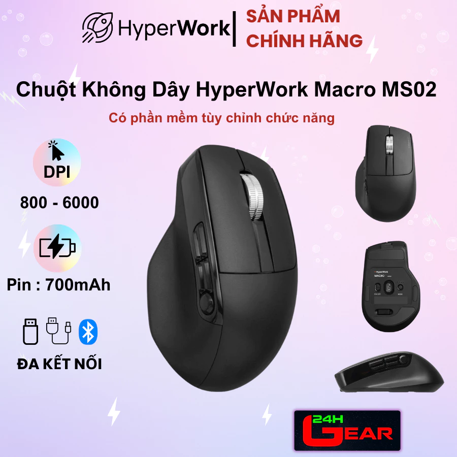 Chuột không dây HyperWork Macro MS02 Pin sạc 700mAh (3 Mode / DPI 800-6000) Chính Hãng