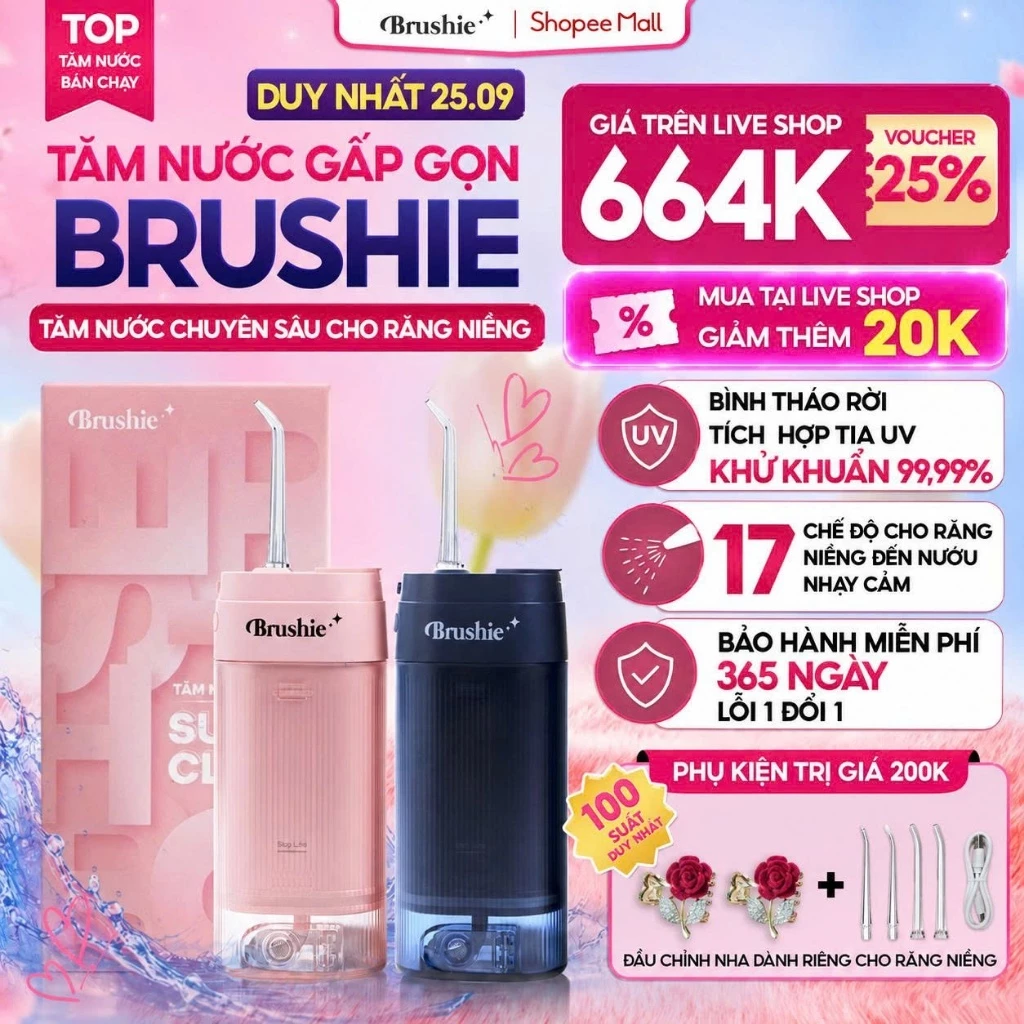 Tăm nước Brushie Super Clean Bản cải tiến làm sạch sâu phù hợp cho răng niềng nhạy cảm,SVIP