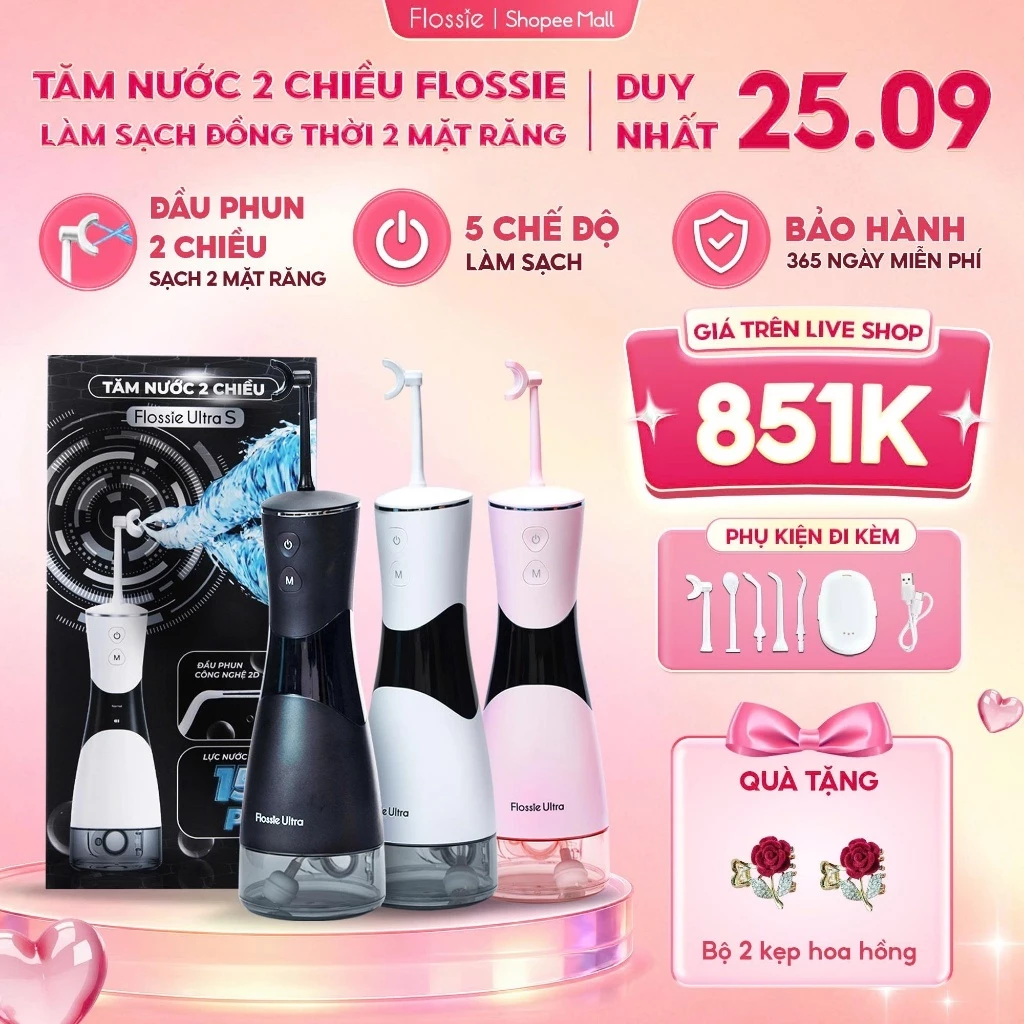 Tăm Nước FLOSSIE ULTRA 2 Chiều Cầm Tay 5 Chế Độ Làm Sạch Sâu Phù Hợp Người Niềng Răng, SVIP