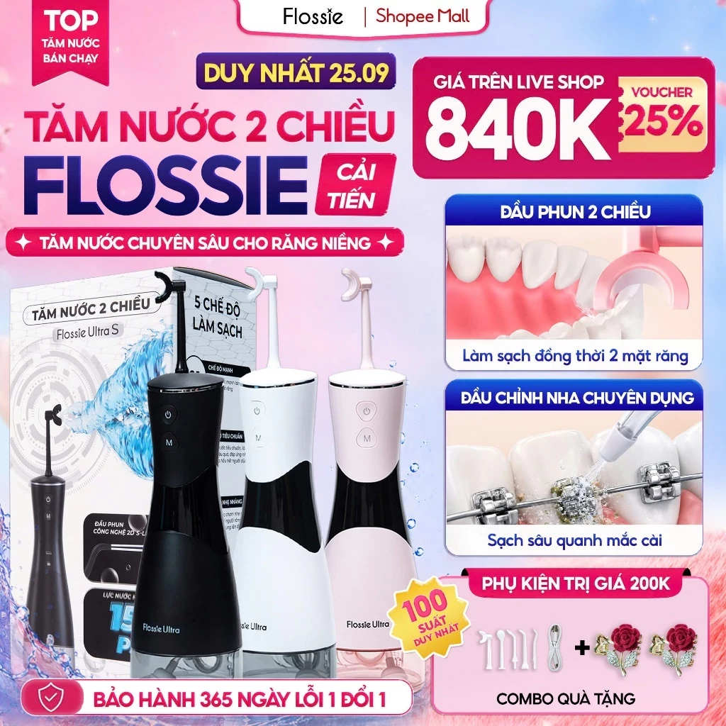 Máy tăm nước Flossie Ultra đầu phun 2 chiều Xoay 360 Độ phù hợp cho răng niềng, SVIP
