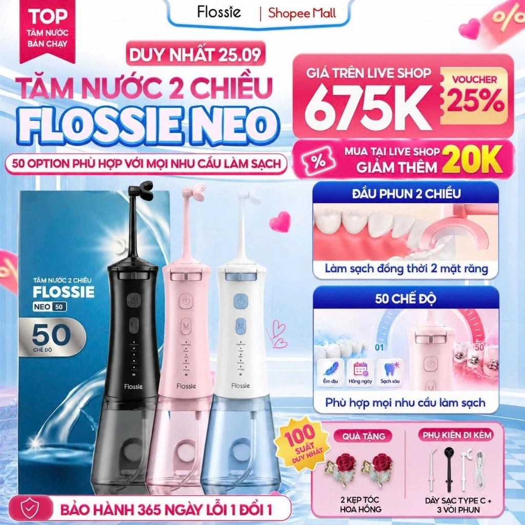 Máy Tăm Nước Flossie Neo Bản Cải Tiến Đầu phun 2 chiều Xoay 360°, 50 Mức Làm Sạch Cho Răng Niềng, SVIP