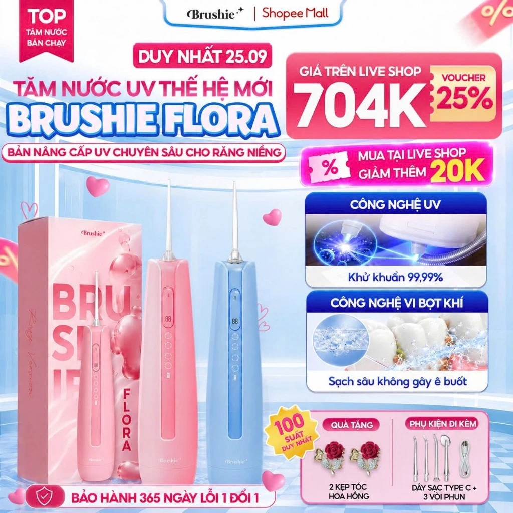 [GIÁ 704K LIVE ECOGO] Tăm Nước Brushie Flora bản cải tiến UV Khử Khuẩn, 4 Chế Độ Làm Sạch Dịu Nhẹ Cho Nướu Nhạy Cảm, KOL