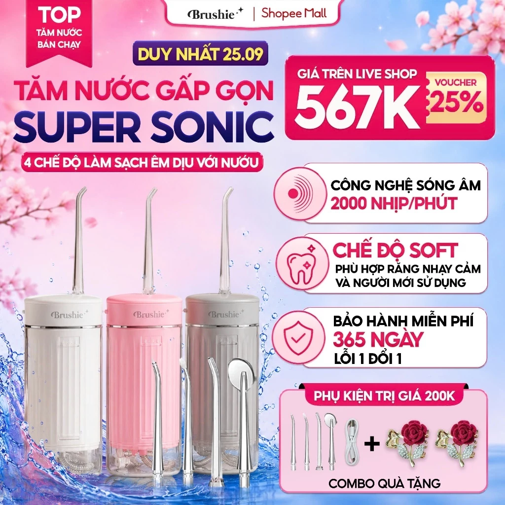 [GIÁ 522K TẠI LIVE SHOP] Tăm Nước Cầm Tay Brushie Super Sonic, Flossie Tăm Nước Du Lịch Phiên Bản Mới 2025, LIS