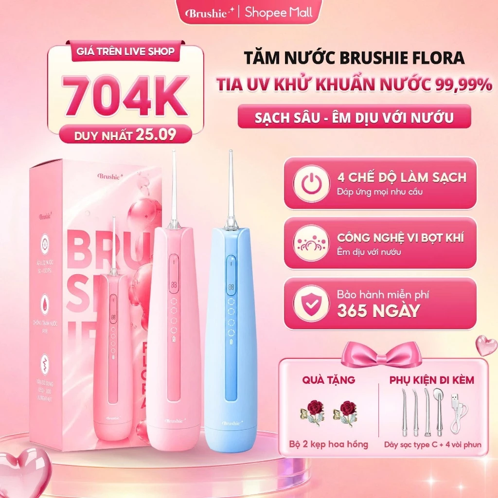 [GIÁ 704K LIVE SHOP] Tăm nước BRUSHIE FLORA tích hợp tia UV khử khuẩn nước, 4 chế độ làm sạch cho người niềng răng, KOC