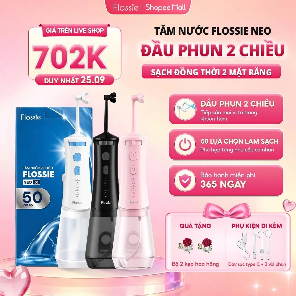 Tăm nước 2 Chiều FLOSSIE NEO cầm tay, 50 lựa chọn làm sạch 2 mặt răng bảo hành 12 tháng ,SVIP