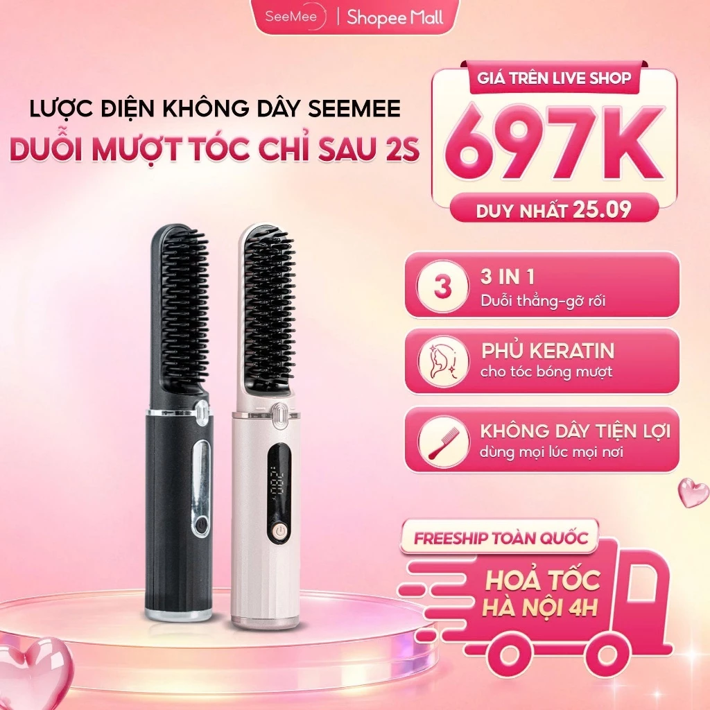 [GIÁ 677K TẠI LIVE SHOP] Lược điện không dây SeeMee chăm sóc tóc suôn mượt tạo kiểu, uốn tóc vào nếp nhanh, LIS