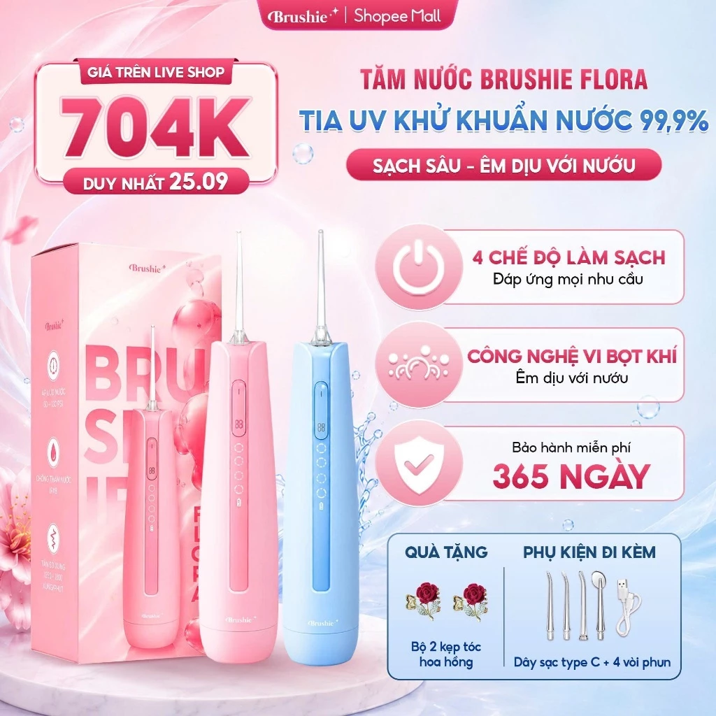 [GIÁ 704K LIVE SHOP] Tăm nước Brushie Flora cầm tay công nghệ UV khử khuẩn, 4 chế độ làm sạch sâu phù hợp răng niềng,LIS