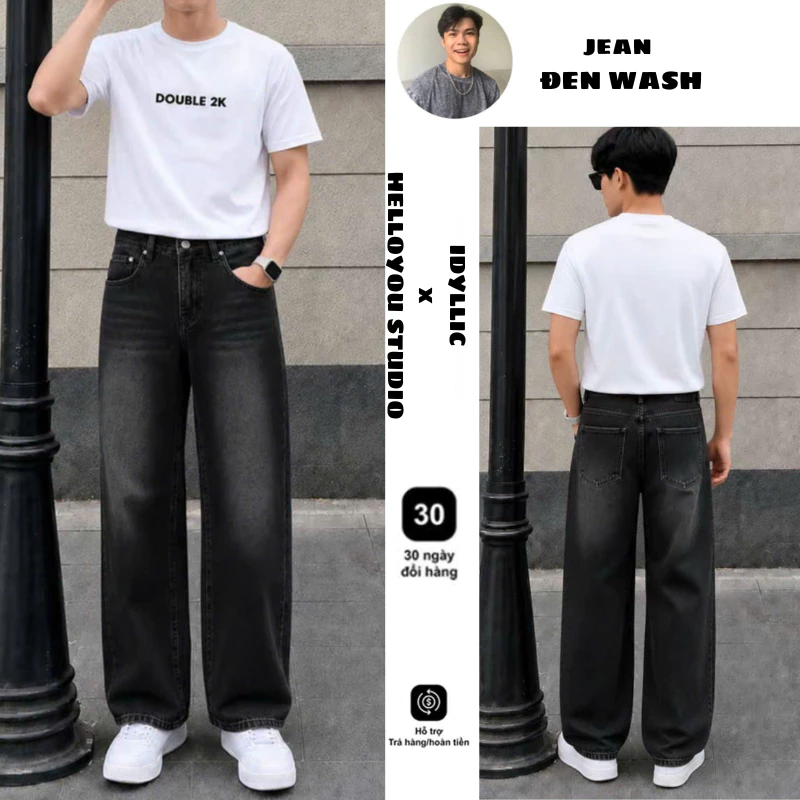 Quần Jean Suông Ống Rộng Màu Đen Wash Khói Chất Liệu Cao Cấp Phong Cách Vintage QX01 JeanSKTman