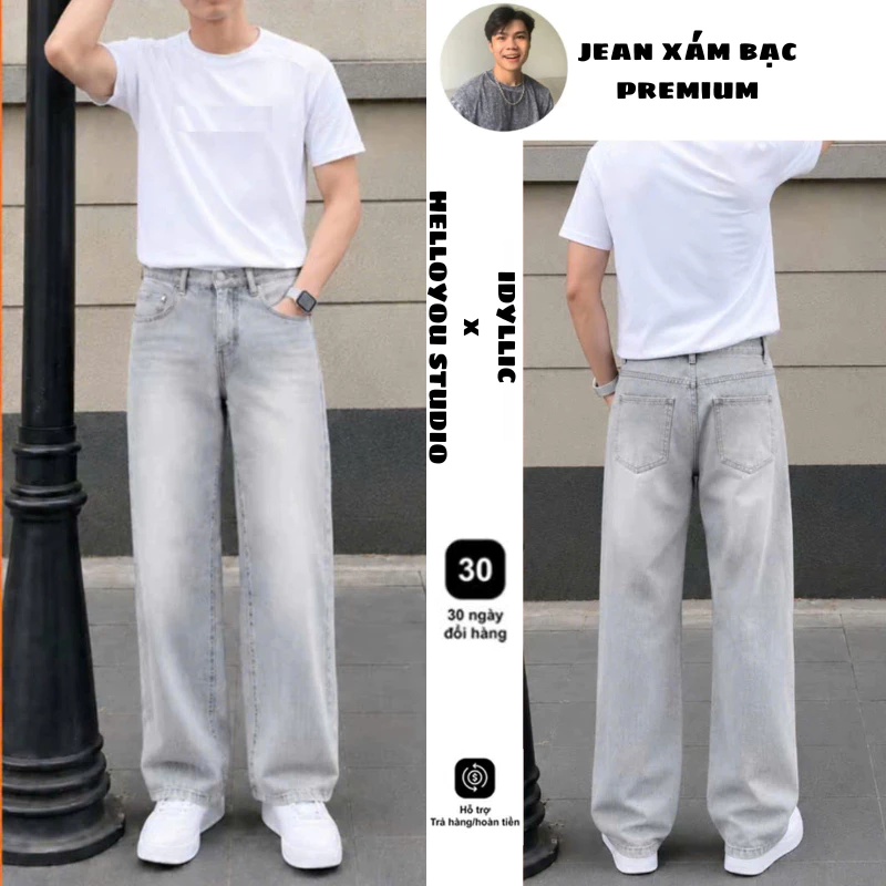 Quần Jean Nam Dài Ống Suông Rộng Màu Xám Bạc Premium Form Đứng Tôn Dáng Chất Denim Cao Cấp MENZONE