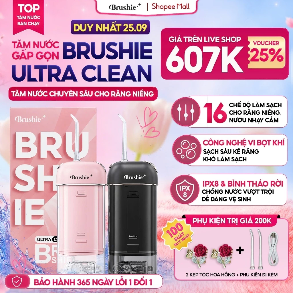 [GIÁ 607K LIVE SHOP] Tăm Nước BRUSHIE ULTRA CLEAN 16 chế độ phù hợp cho răng niềng, Tăm nước mini gấp gọn du lịch, LIS