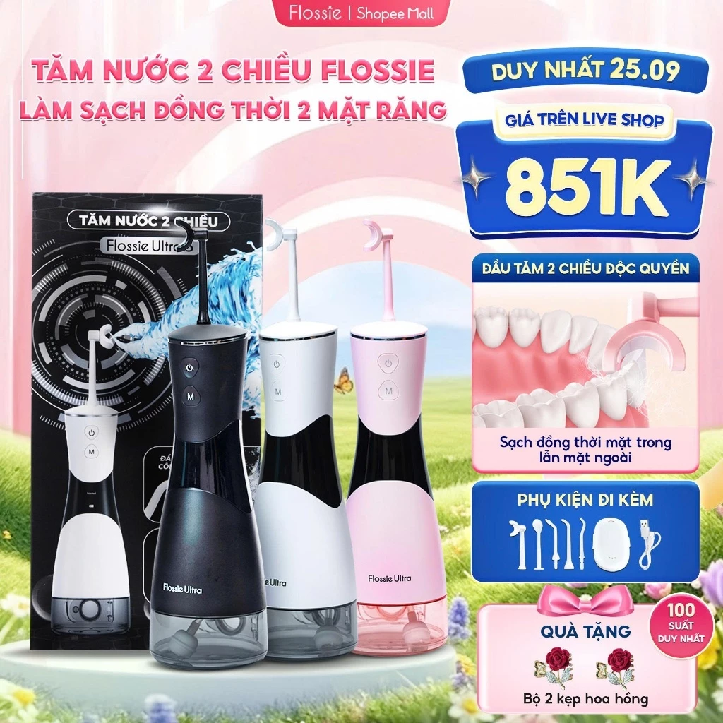 [GIÁ 851K TẠI LIVE SHOP] Tăm Nước FLOSSIE ULTRA Cầm Tay 2 Chiều 5 Chế Độ Làm Sạch Sâu Phù Hợp Người Niềng Răng, LIS