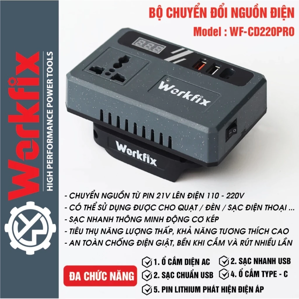 Bộ Chuyển Đổi Biến Tần 220v Workfix WF-CD220PRO, Chuyển Từ Pin 12-18-21-24-36v Sang Điện