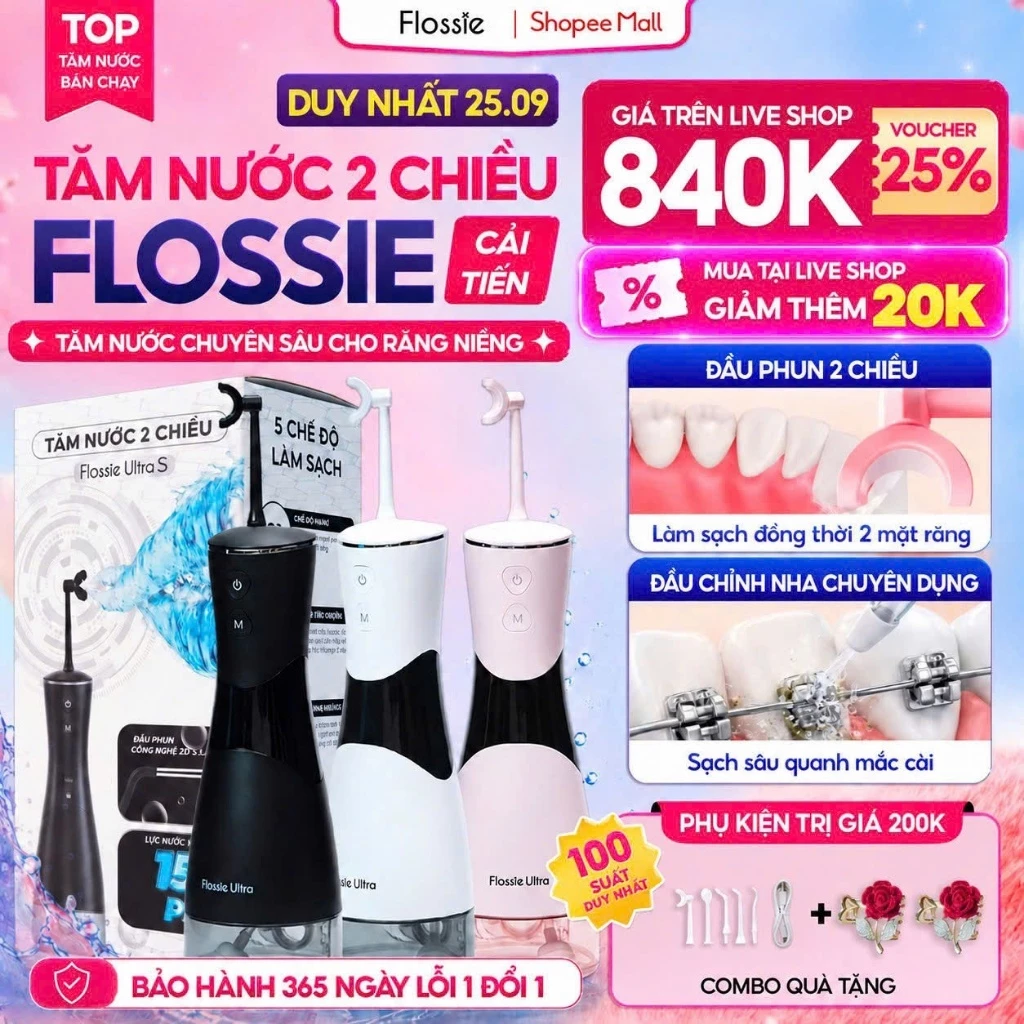 [GIÁ 840K LIVE ECOGO] Máy tăm nước Flossie Ultra vòi phun 2 chiều, công nghệ xoay 360 độ cho răng niềng KOL