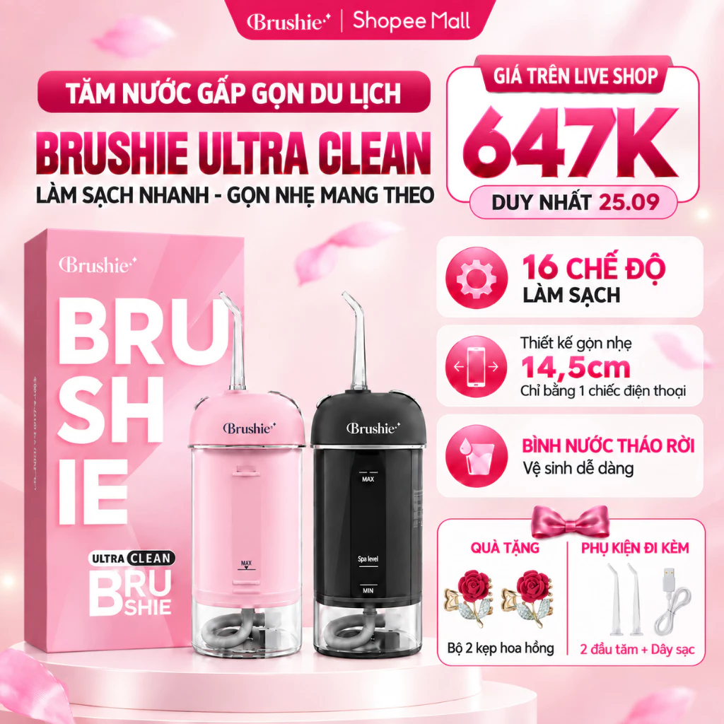 [GIÁ 646K LIVE SHOP] Tăm Nước BRUSHIE ULTRA CLEAN 16 Chế Độ Làm Sạch, Máy Tăm Nước Gấp Gọn Du Lịch Flossie, LIS