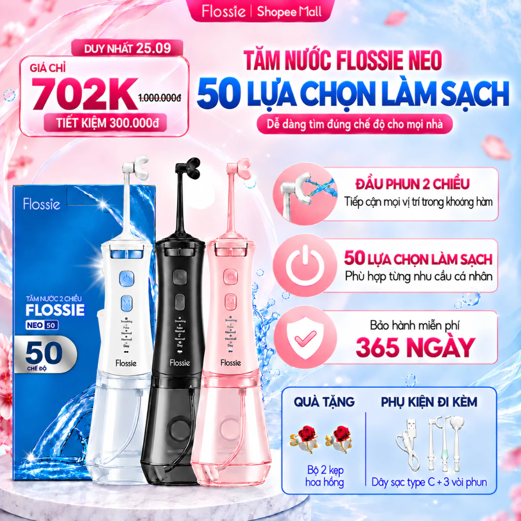 [GIÁ 704K LIVE SHOP] Tăm nước 2 Chiều FLOSSIE NEO cầm tay, 50 lựa chọn làm sạch 2 mặt răng phù hợp người niềng răng, LIS