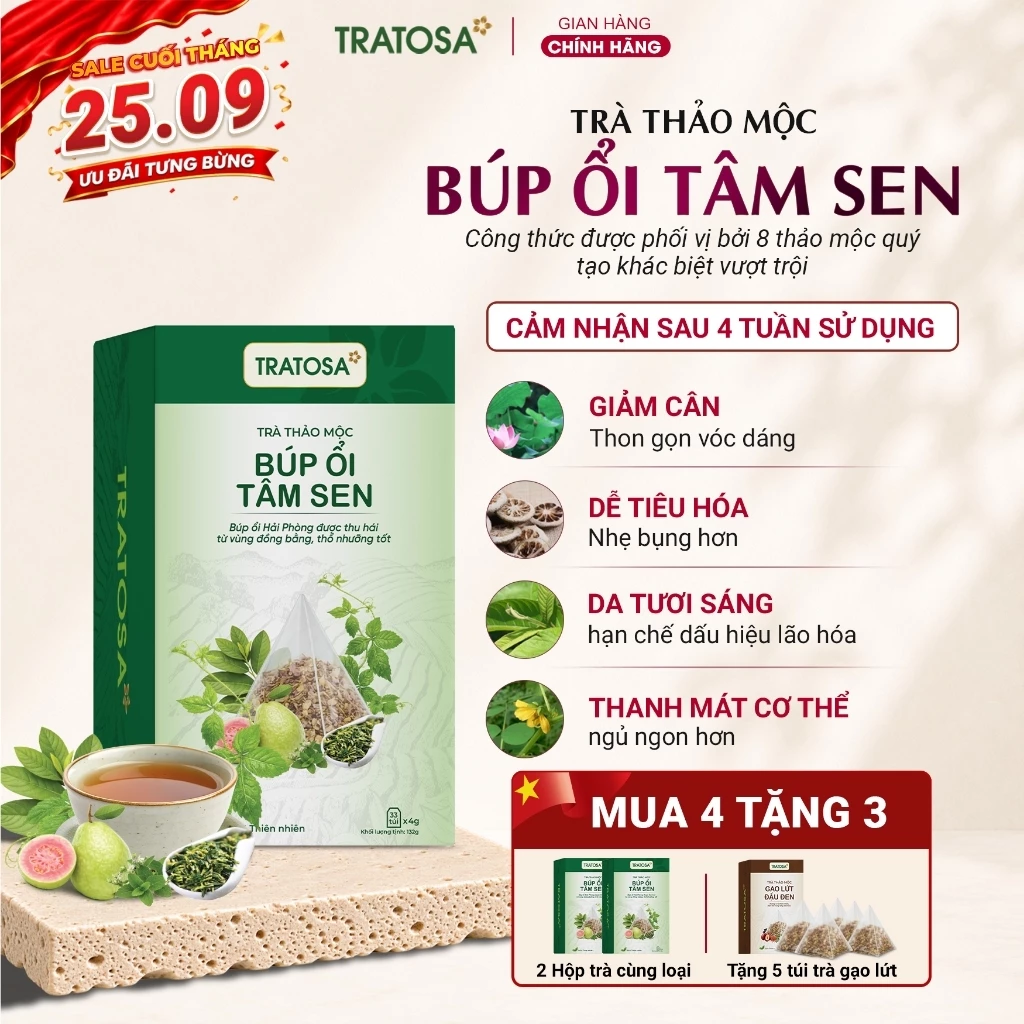 Trà Tiêu Thực Búp Ổi Tâm Sen Tratosa 8 vị thảo mộc hỗ trợ detox, tiêu hóa nhẹ nhàng, giúp nhẹ bụng, thon gọn vóc dáng