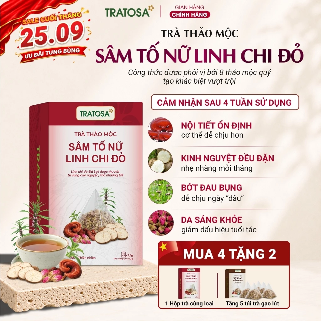 Trà sâm tố nữ linh chi đỏ TRATOSA trà thảo mộc hỗ trợ giảm đau bụng kinh, cân bằng nội tiết tố nữ, cải thiện lão hóa da