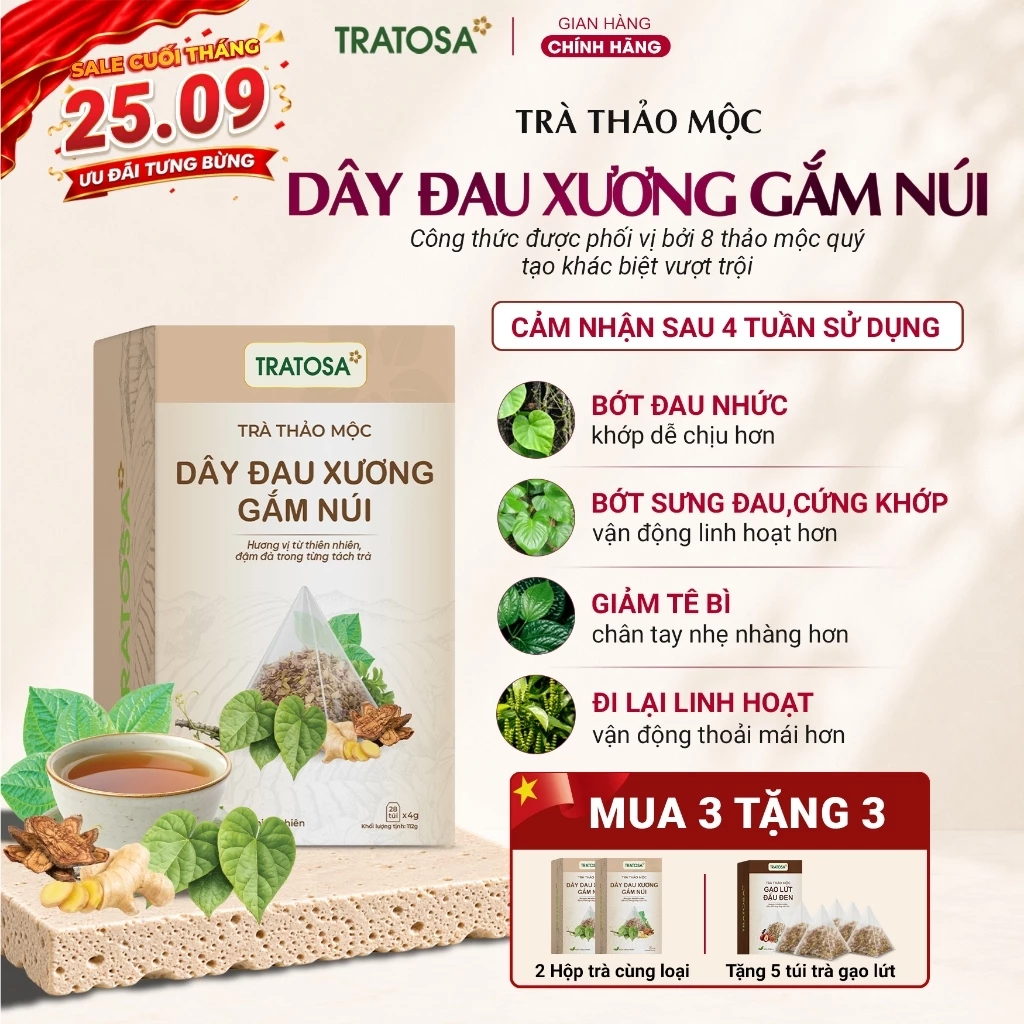 Trà dây đau xương gắm núi TRATOSA 8 Vị thảo mộc cải thiện đau nhức xương khớp, tê bì, an toàn từ thiên nhiên