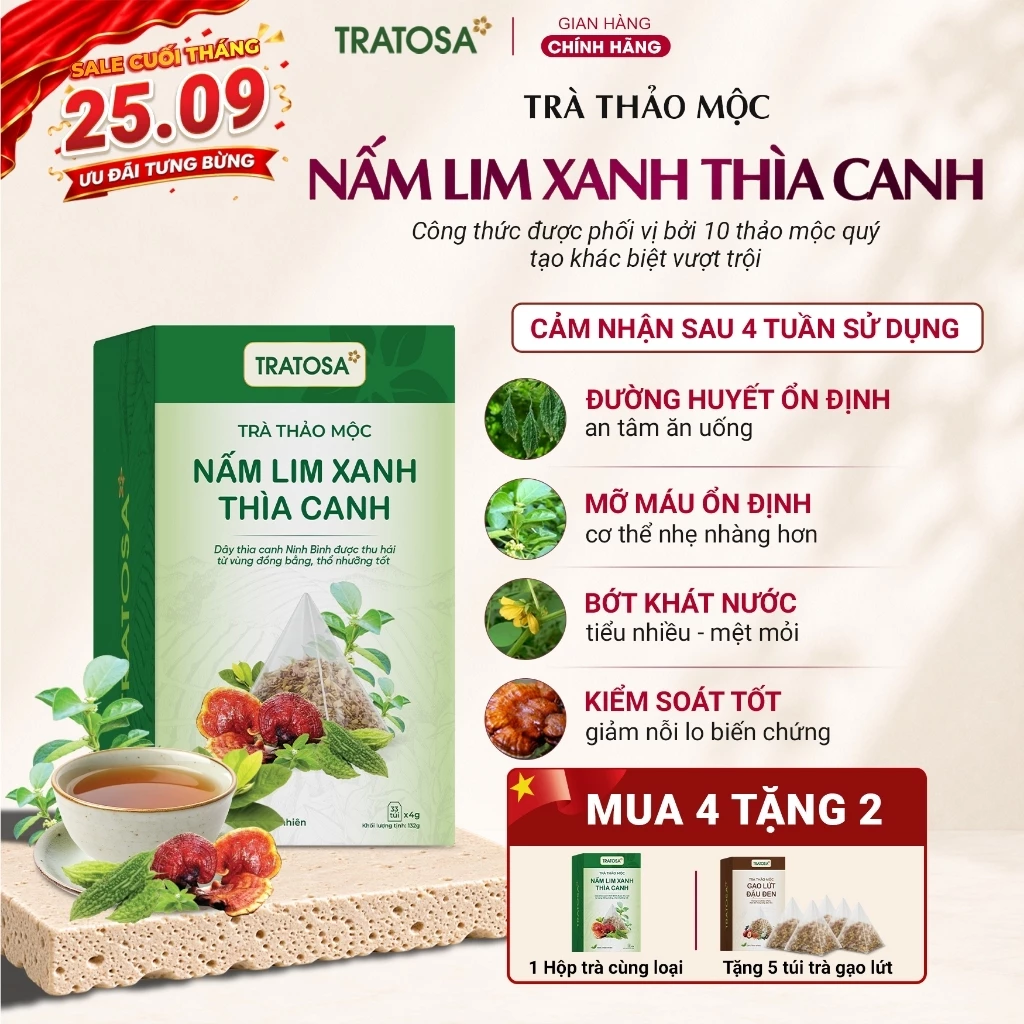 Trà nấm lim xanh thìa canh Ninh Bình TRATOSA tốt cho đường huyết, 10 vị thảo mộc an toàn lành tính