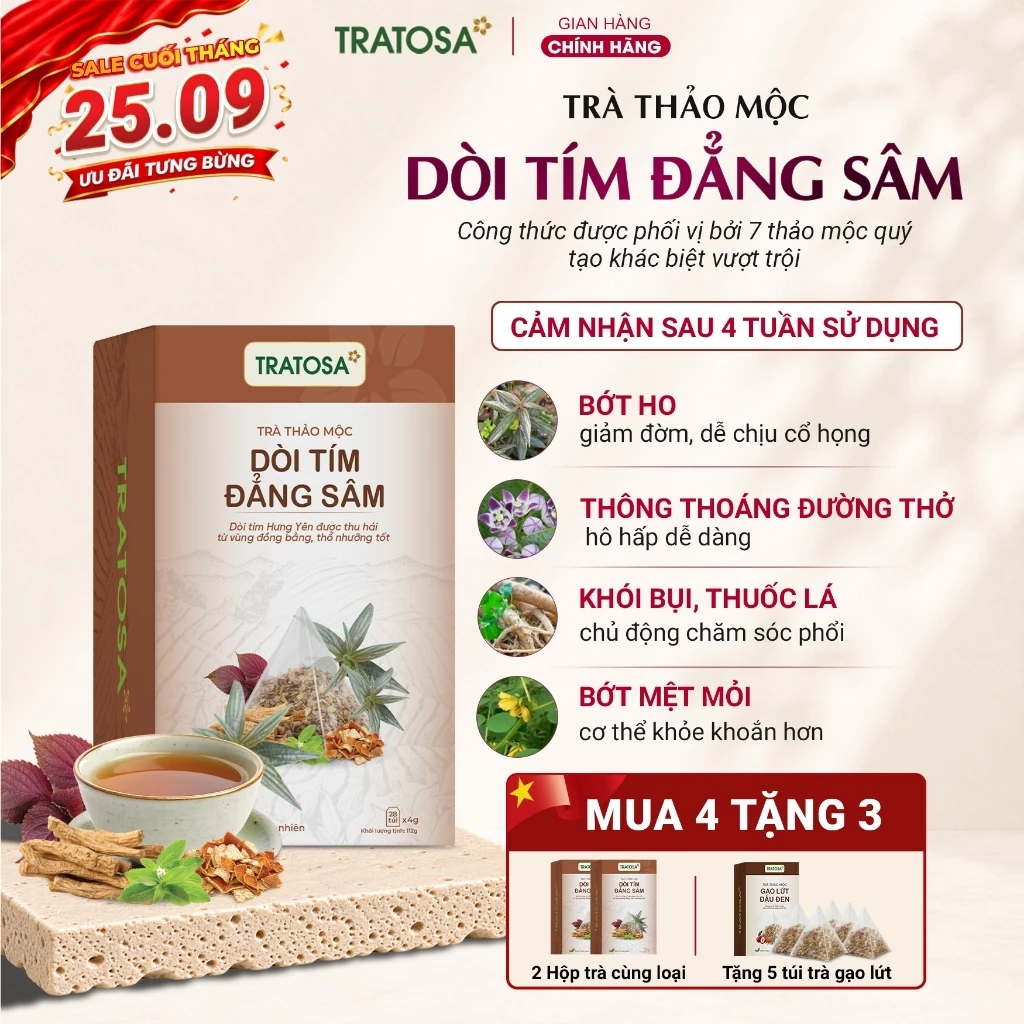 Trà dòi tím đẳng sâm TRATOSA 7 Vị thảo mộc giúp cải thiện ho, đờm, hụt hơi, thanh lọc phổi từ thiên nhiên