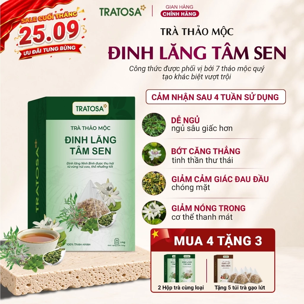Trà đinh lăng tâm sen TRATOSA 6 vị thảo mộc giúp ngủ ngon, giảm căng thẳng, tiền đình, thanh nhiệt