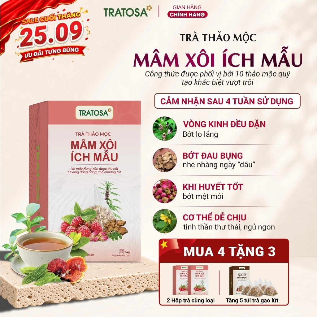 Trà mâm xôi ích mẫu TRATOSA 10 vị thảo mộc điều hòa kinh nguyệt , bổ khí huyết, hỗ trợ sinh sản an toàn từ thiên nhiên