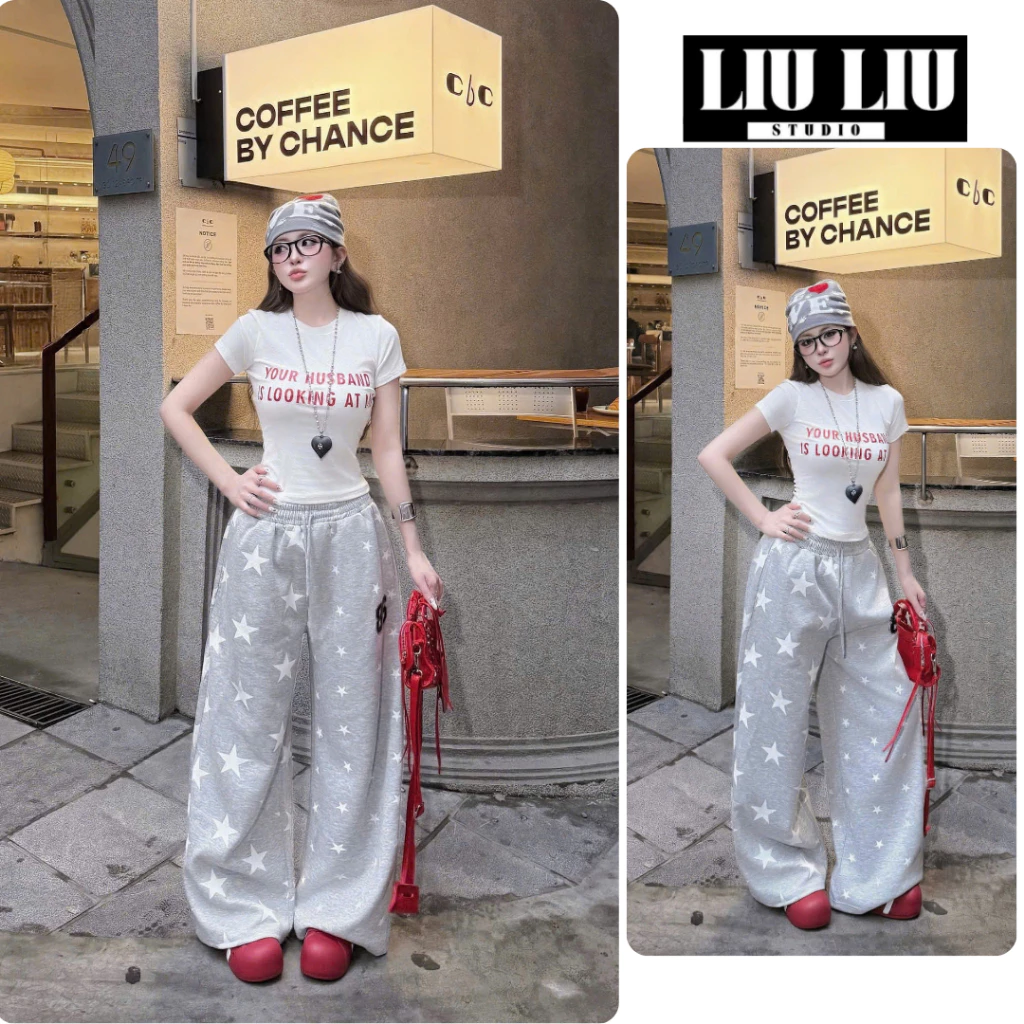 Quần nỉ ống suông LIULIU STUDIO L04 – Form dáng rộng – In sao 68 – Phong cách Hàn streetwear