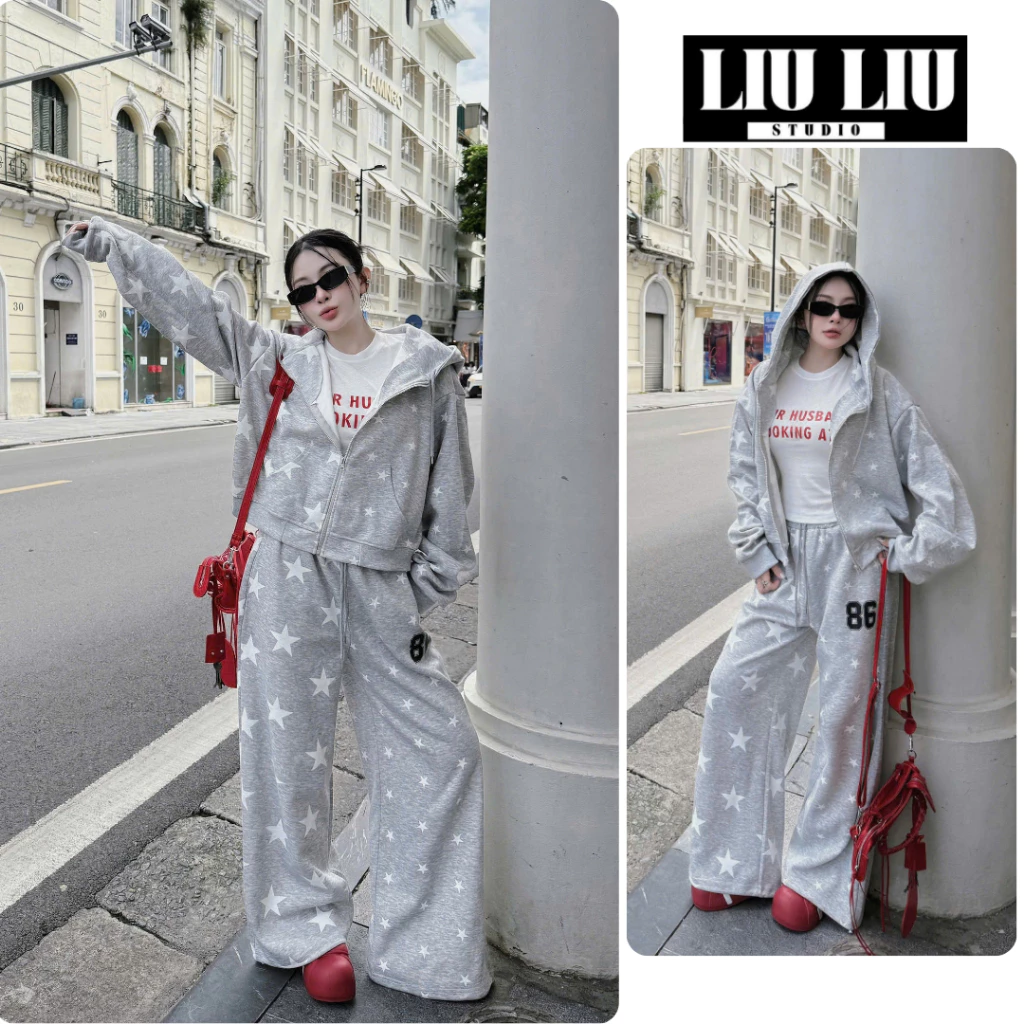 Áo Hoodie LIULIU L10 - Áo khoác Nỉ 2 Da In Full Sao Trắng Khóa Kéo Form Rộng Hàn Quốc Che Dáng Trẻ Trung