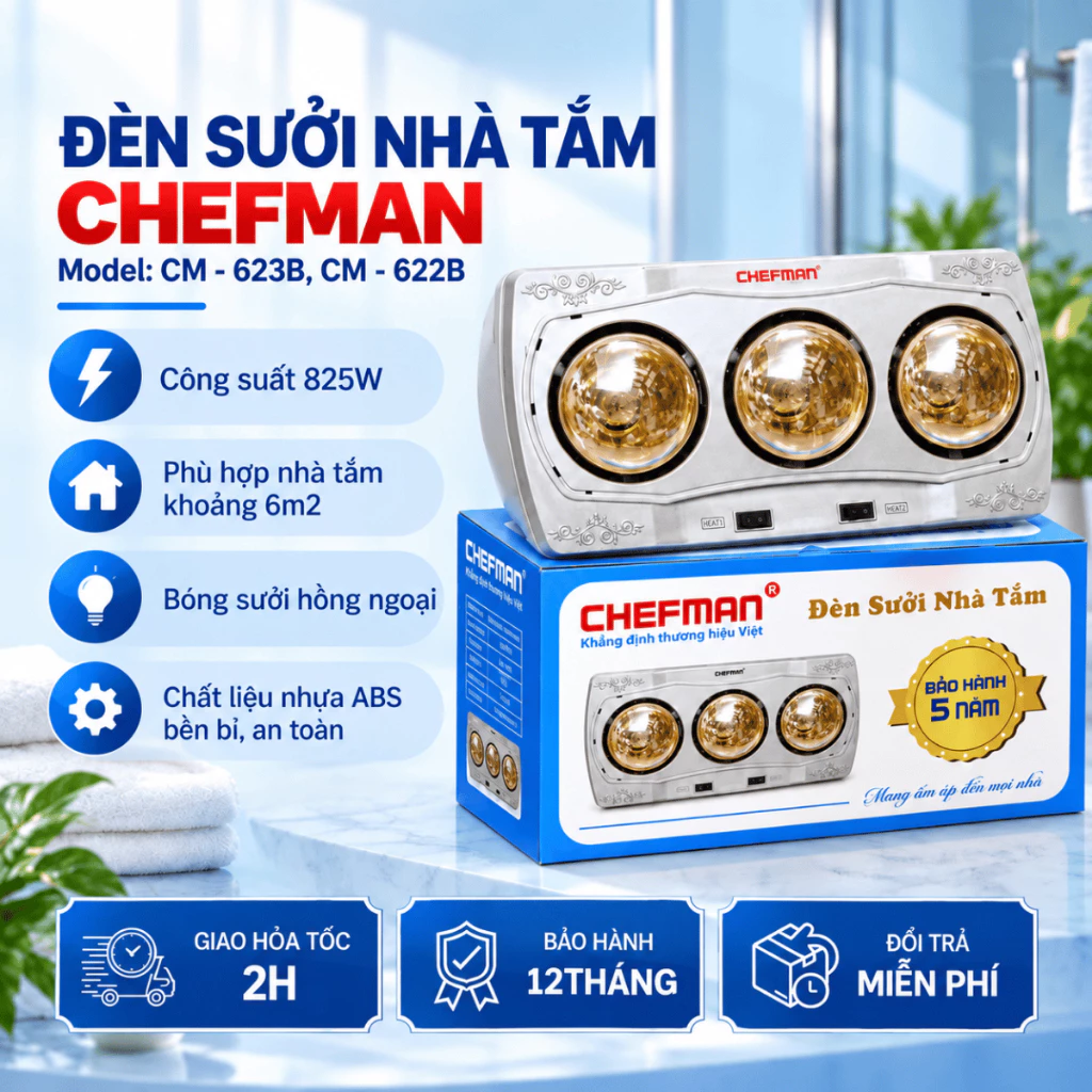 Đèn Sưởi Nhà Tắm CHEFMAN,Công Suất 825W,Nhựa ABS Chống Cháy,An Toàn,Bảo Hành 5 Năm