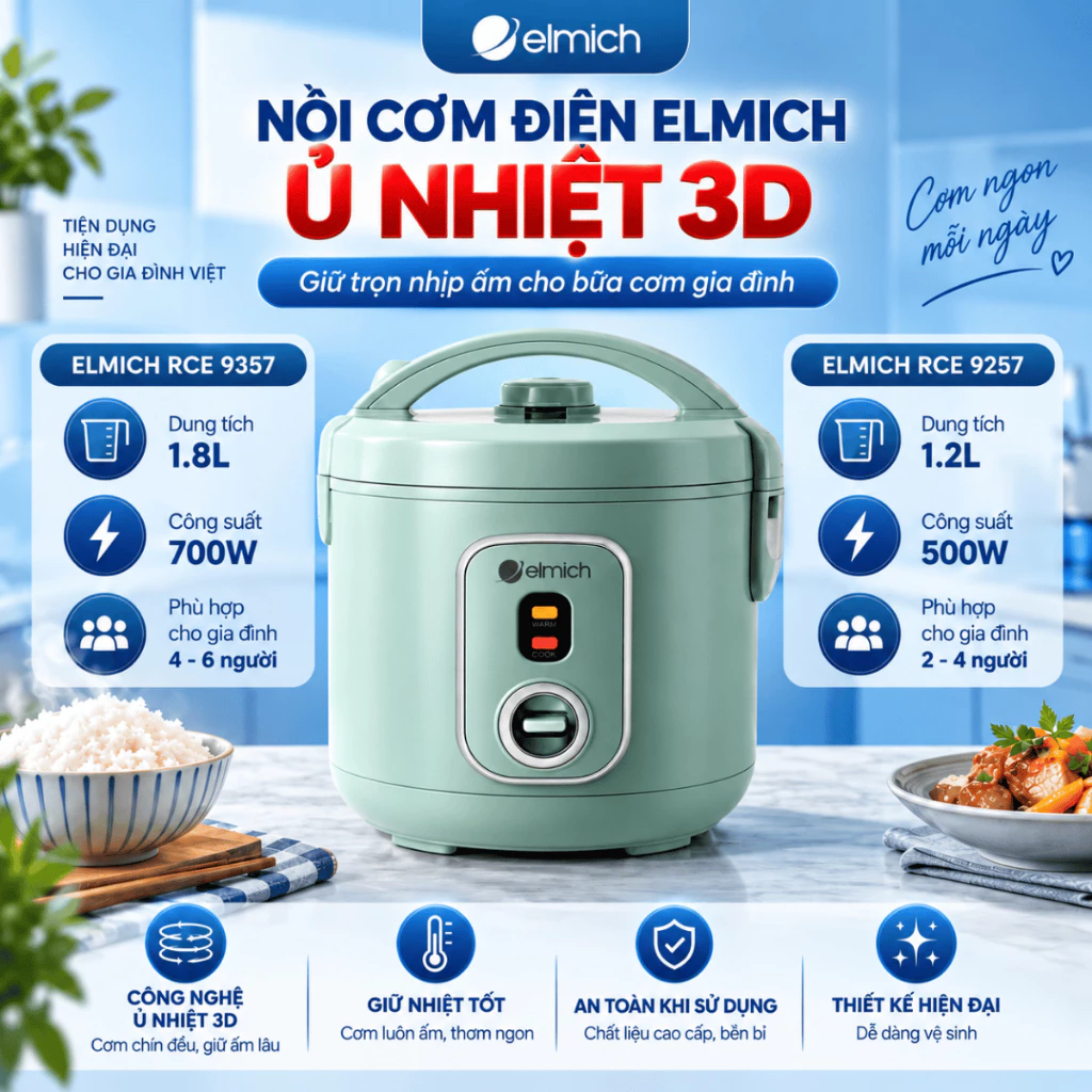 Nồi Cơm Điện ELMICH,Công Nghệ Nhiệt 3D Cơm Ngon Hơn, Dung Tích 1.2L và 1.8L, Bảo Hành Chính Hãng 12 Tháng