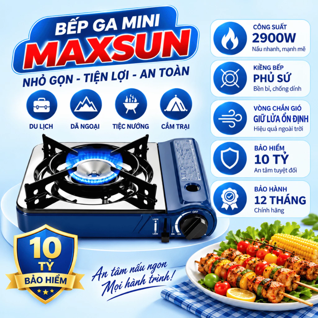 Bếp Ga Mini MAXSUN,Công Suất 2900W,Kiềng Phủ Sứ,Vòng Chắn Gió,Bảo Hiểm 10 Tỷ,Bảo Hành 12 Tháng