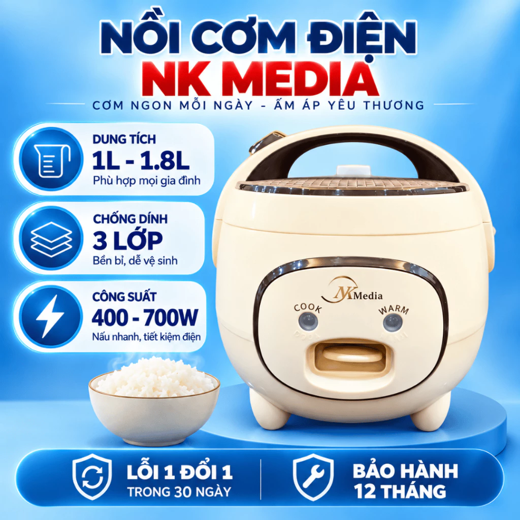 Nồi Cơm Điện NK MEDIA,Dung Tích 1L-1.8L,Tiết Kiệm Điện,Lòng Nồi Chống Dính,Bảo Hành 12 Tháng