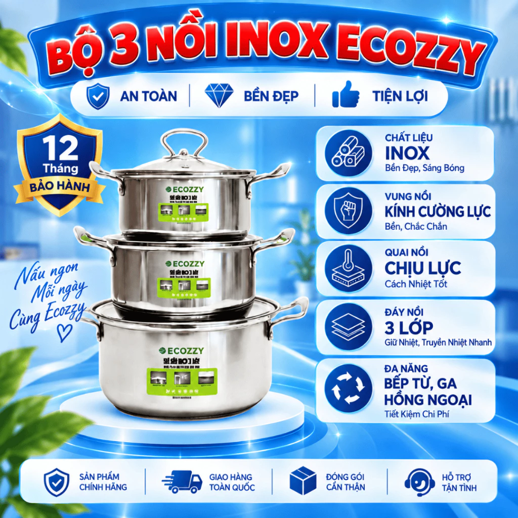 Bộ 3 Nồi Inox ECOZZY,Đáy Từ Dùng Được Mọi Loại Bếp,Vung Kính Cường Lực Không Sợ Vỡ,Gồm 3 Nồi 18CM; 20CM và 24CM