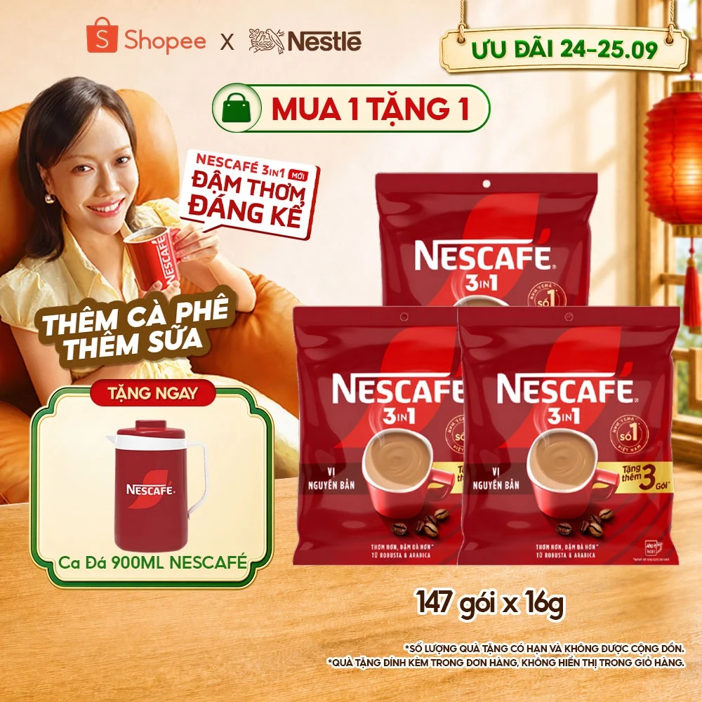 [Tặng Ca đá 900ml] Combo 3 Bịch Cà phê Hòa tan NESCAFÉ VỊ NGUYÊN BẢN 46 gói Đậm Thơm Hoàn Hảo (Bịch 46+3 gói x 16g)