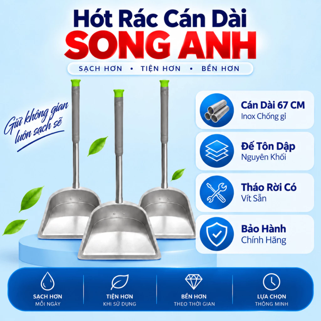 Hót Rác Inox Cán Dài SONG ANH 67CM,Đế Tôn Dập Nguyên Khối,Tay Cầm Nhựa Chống Trơn,Sáng Bóng Chống Gỉ,Lắp Ráp Dễ Dàng